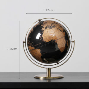 Globe terrestre rotatif noir et cuivré, 27 cm de large et 32 cm de haut