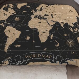Gros plan du motif carte du monde noir et blanc de la housse de couette