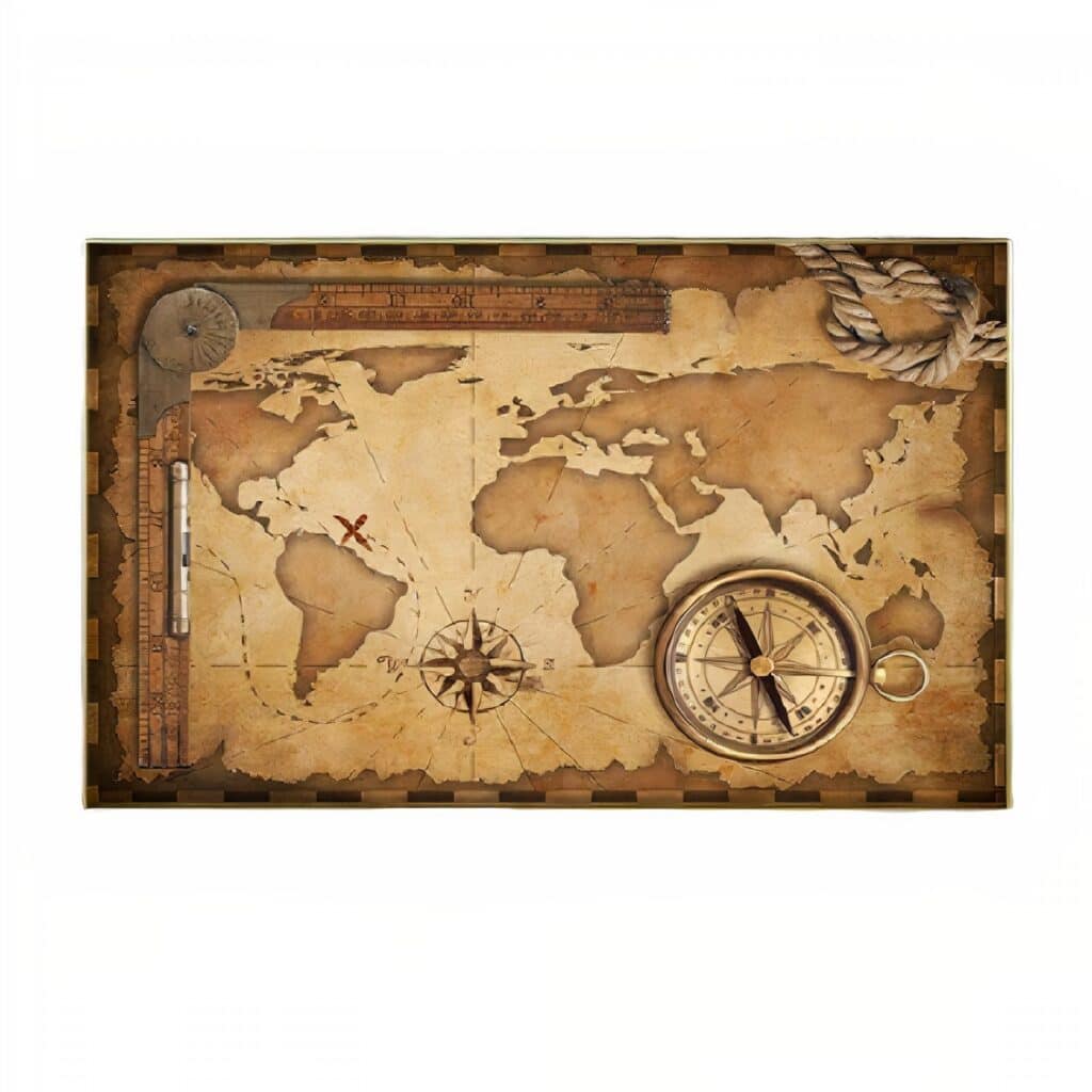 Carte du monde ancienne avec boussole et outils de navigation.
