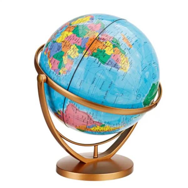 Globe terrestre rotatif avec carte des continents et océans.