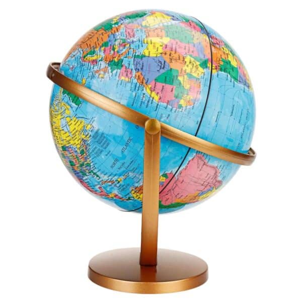 Globe terrestre rotatif pour bureau, carte du monde colorée.